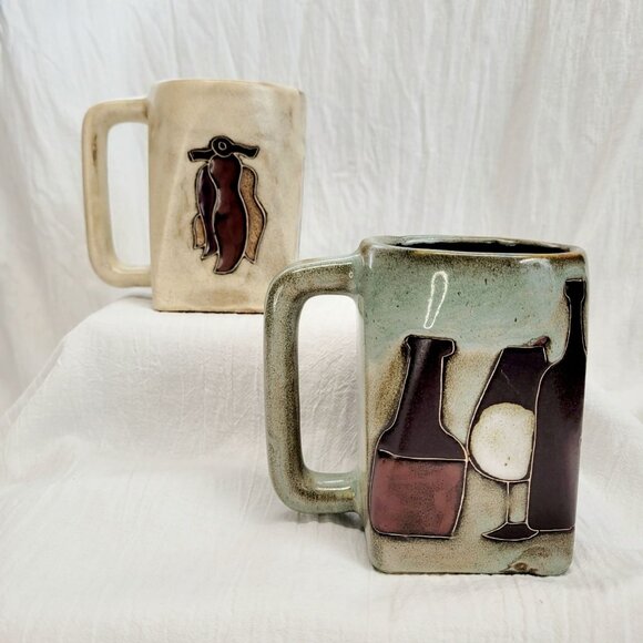 Handcrafted Stoneware Mugs Set Design By Mara Mexico With Chiles / Bottles - Picture 2 of 10